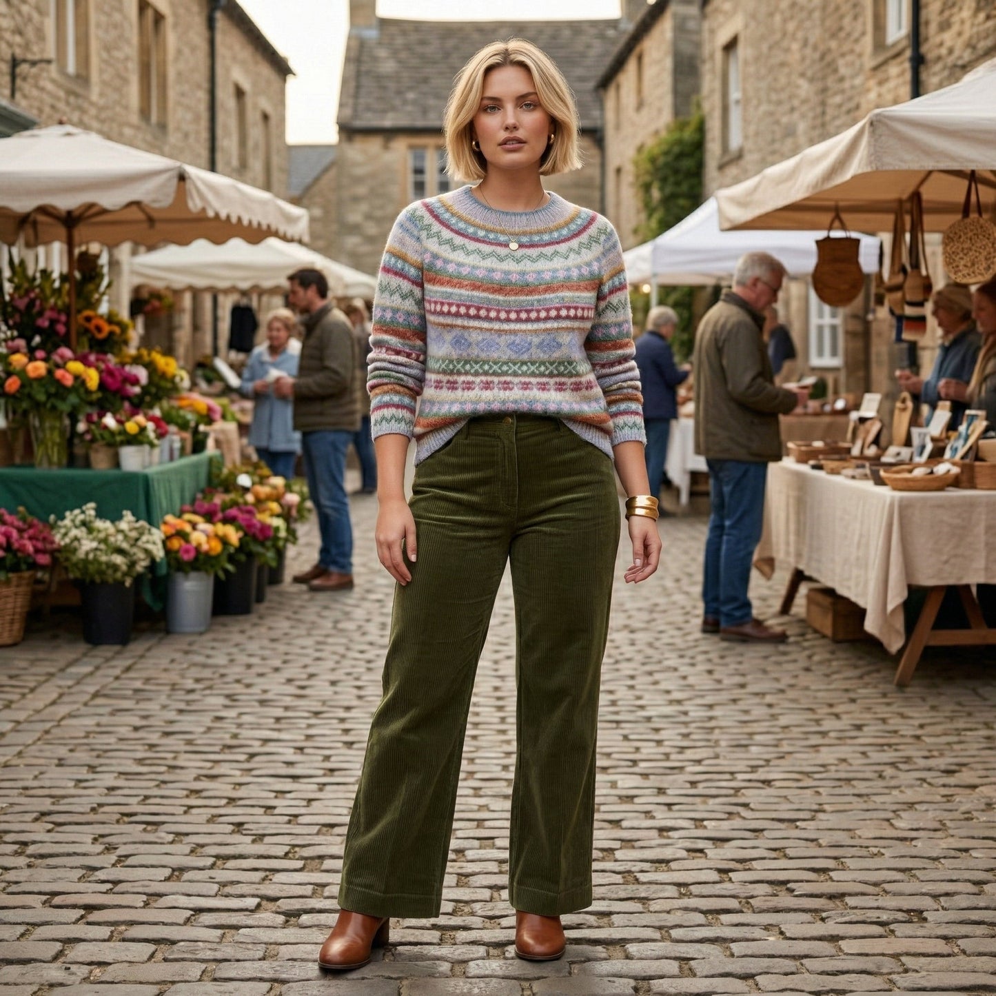Bunter Fair Isle Strickpullover mit Rundhalsausschnitt und langen Ärmeln, frontale Ansicht
