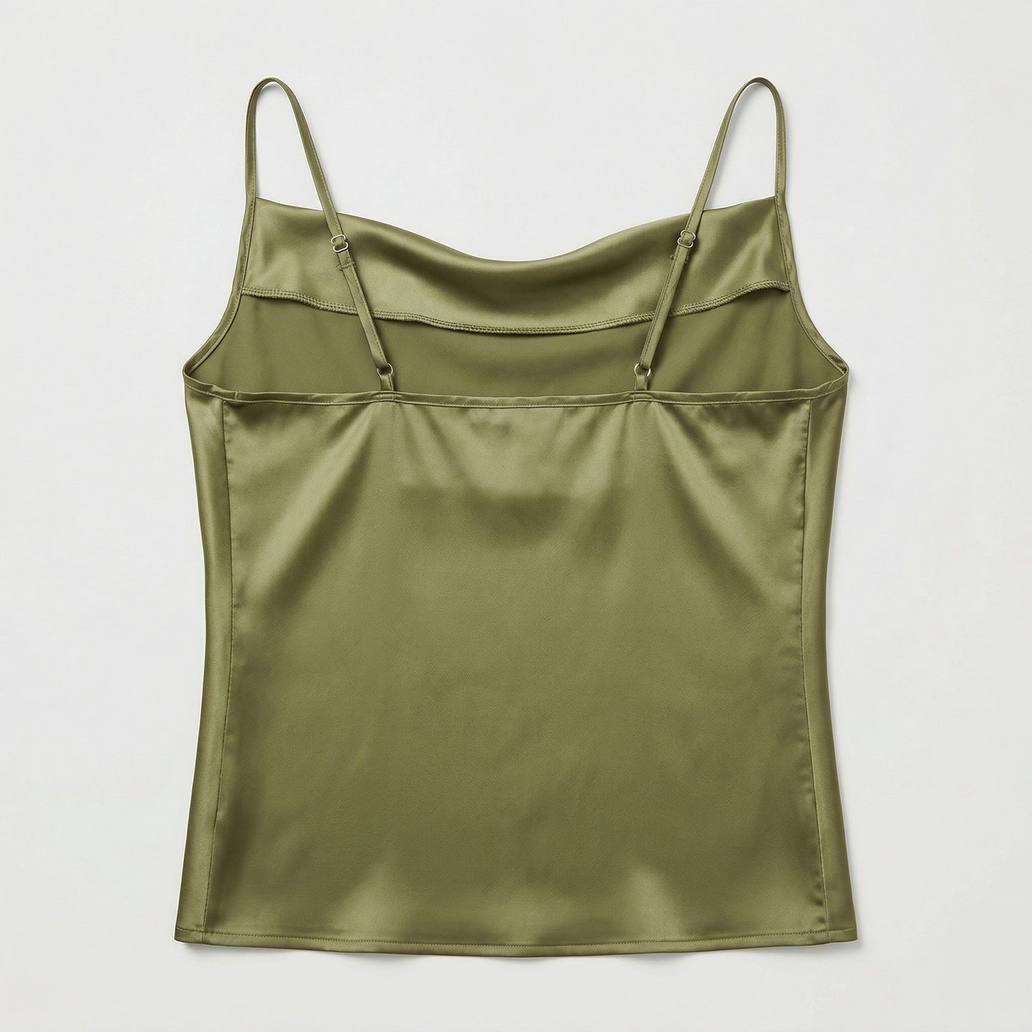 Olivgrünes Damen Satin Top mit Spaghettiträgern, glatte Oberfläche, Rückansicht
