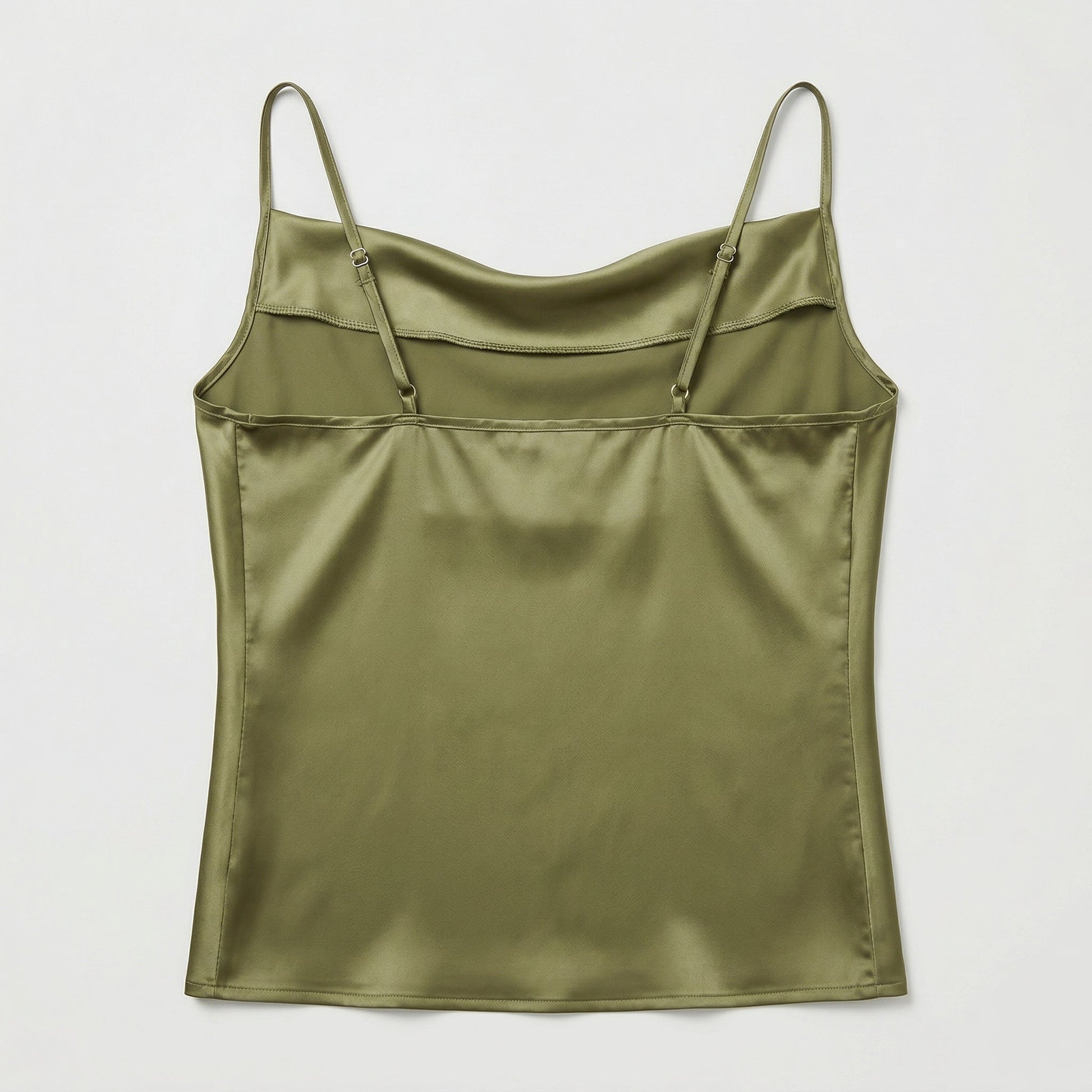 Olivgrünes Damen Satin Top mit Spaghettiträgern, glatte Oberfläche, Rückansicht