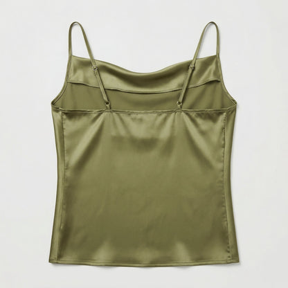Olivgrünes Damen Satin Top mit Spaghettiträgern, glatte Oberfläche, Rückansicht