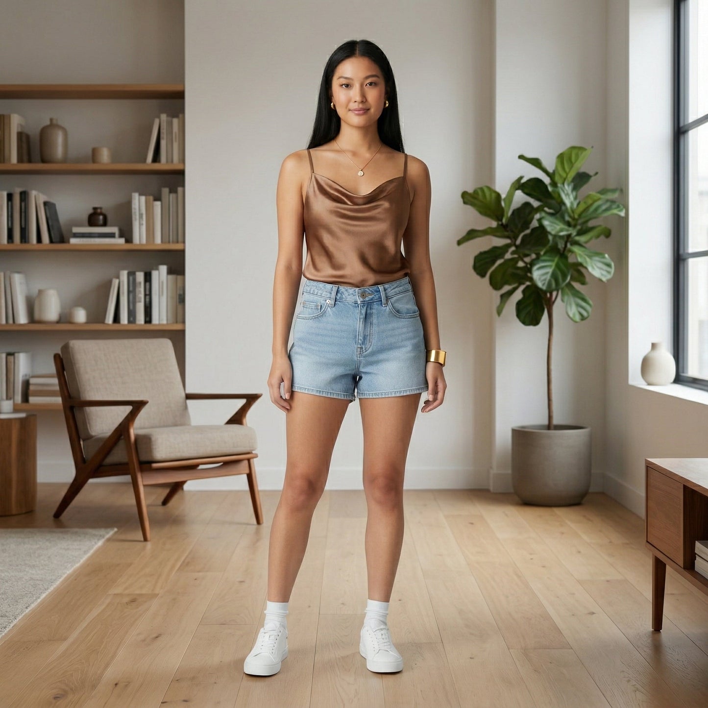 Braunes Damen Satin-Camisole-Top mit Wasserfallausschnitt und Spaghettiträgern, frontale Ganzkörperansicht