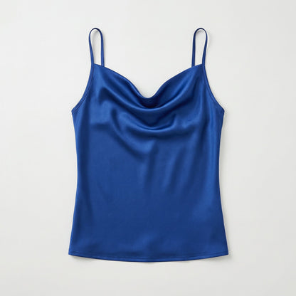 Königsblaues satinähnliches Damen-Camisole-Top mit Wasserfallausschnitt und Spaghettiträgern, flach liegend