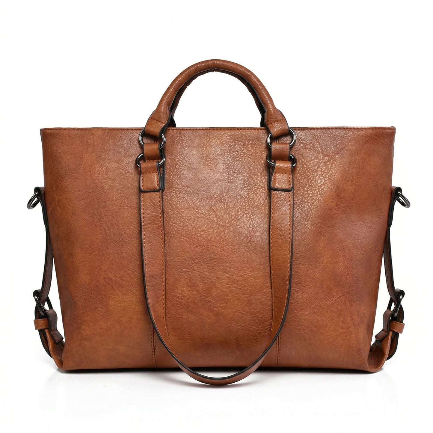 Große Cognac-braune PU-Leder Tote Bag mit kurzen Griffen und verstellbarem Schulterriemen, Vorderansicht
