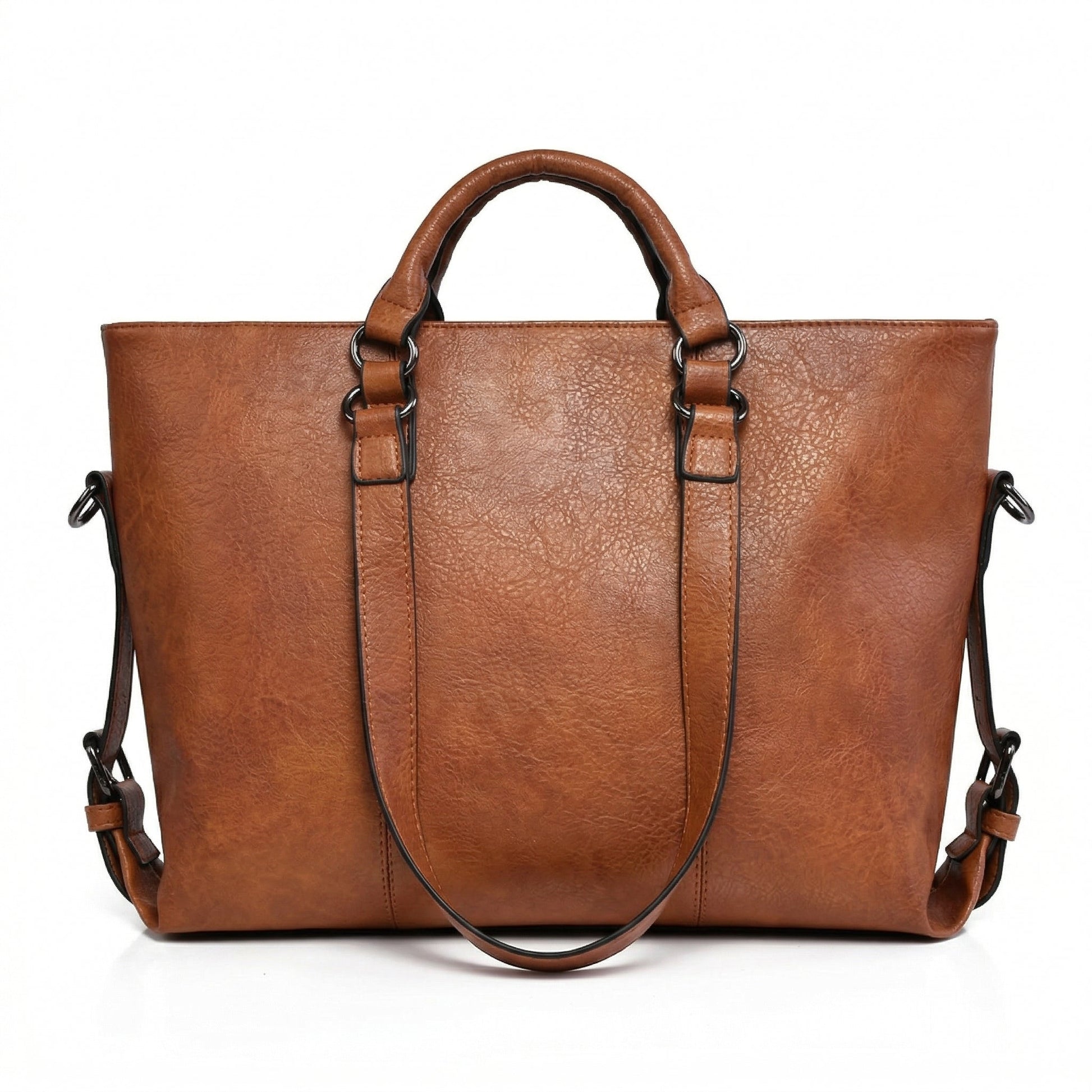 Große Cognac-braune PU-Leder Tote Bag mit kurzen Griffen und verstellbarem Schulterriemen, Vorderansicht