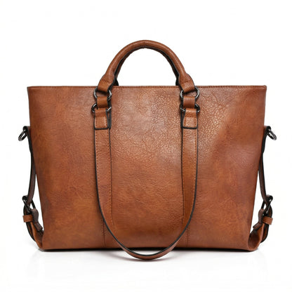 Große Cognac-braune PU-Leder Tote Bag mit kurzen Griffen und verstellbarem Schulterriemen, Vorderansicht