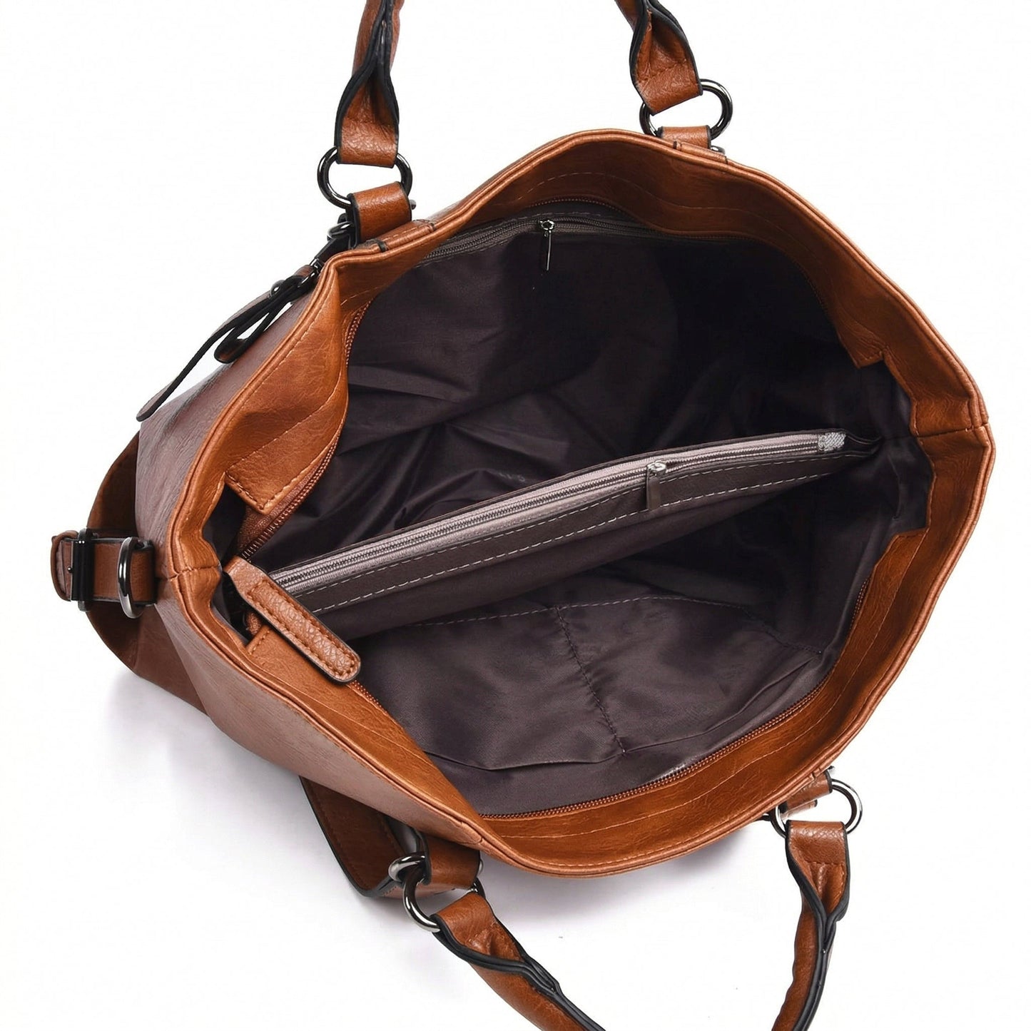 Offene cognac-braune PU-Leder Tote Bag mit großem Innenfach und mittiger Reißverschlusstasche, Innenansicht
