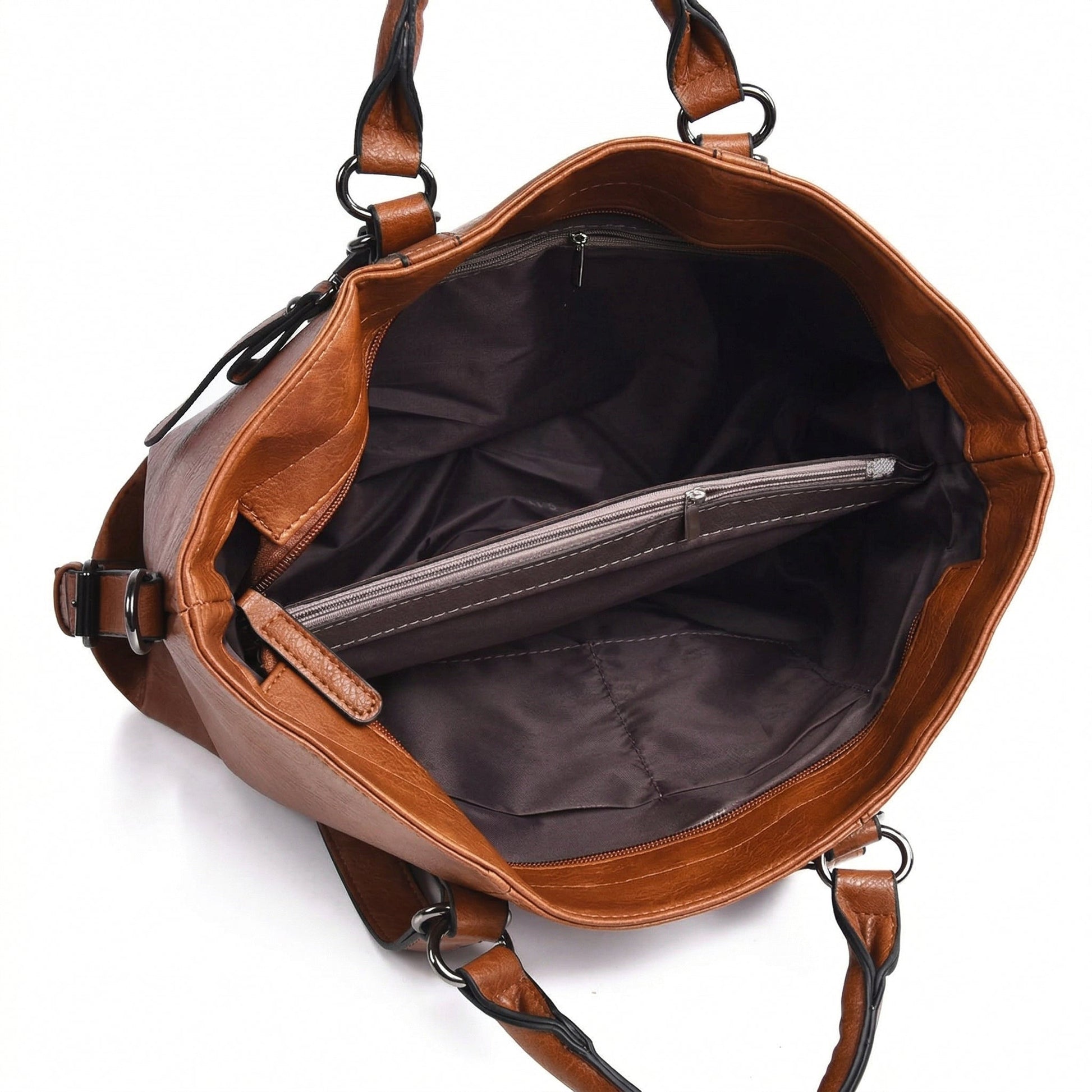 Offene cognac-braune PU-Leder Tote Bag mit großem Innenfach und mittiger Reißverschlusstasche, Innenansicht