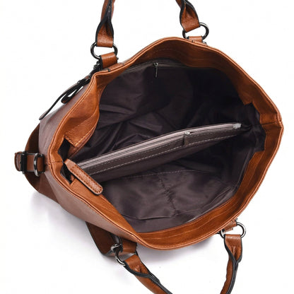 Offene cognac-braune PU-Leder Tote Bag mit großem Innenfach und mittiger Reißverschlusstasche, Innenansicht