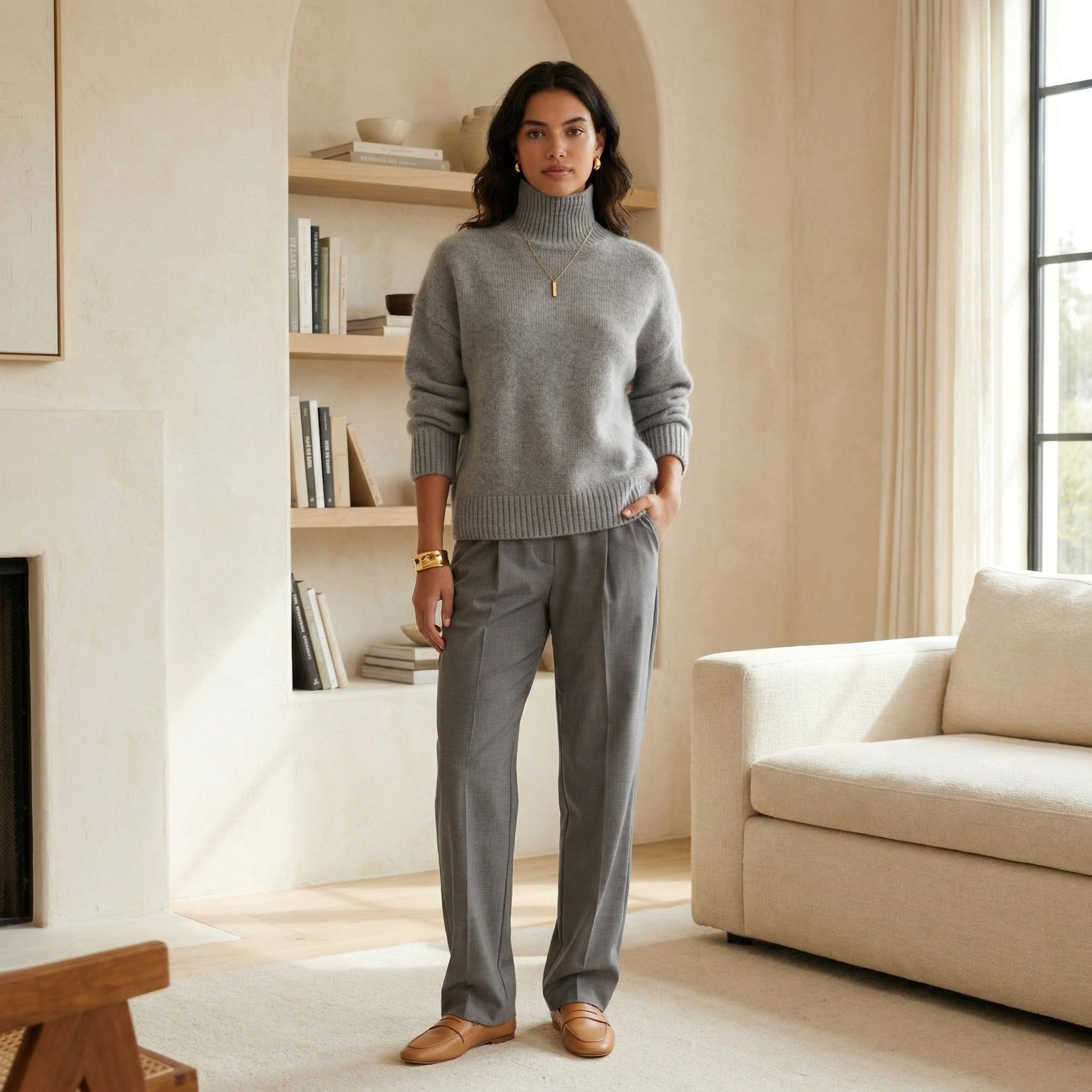 Damen Rollkragenpullover in hellem Grau mit lockerem Schnitt und gerippten Bündchen, frontal stehend
