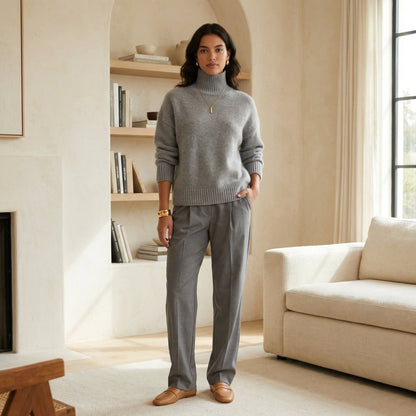Damen Rollkragenpullover in hellem Grau mit lockerem Schnitt und gerippten Bündchen, frontal stehend