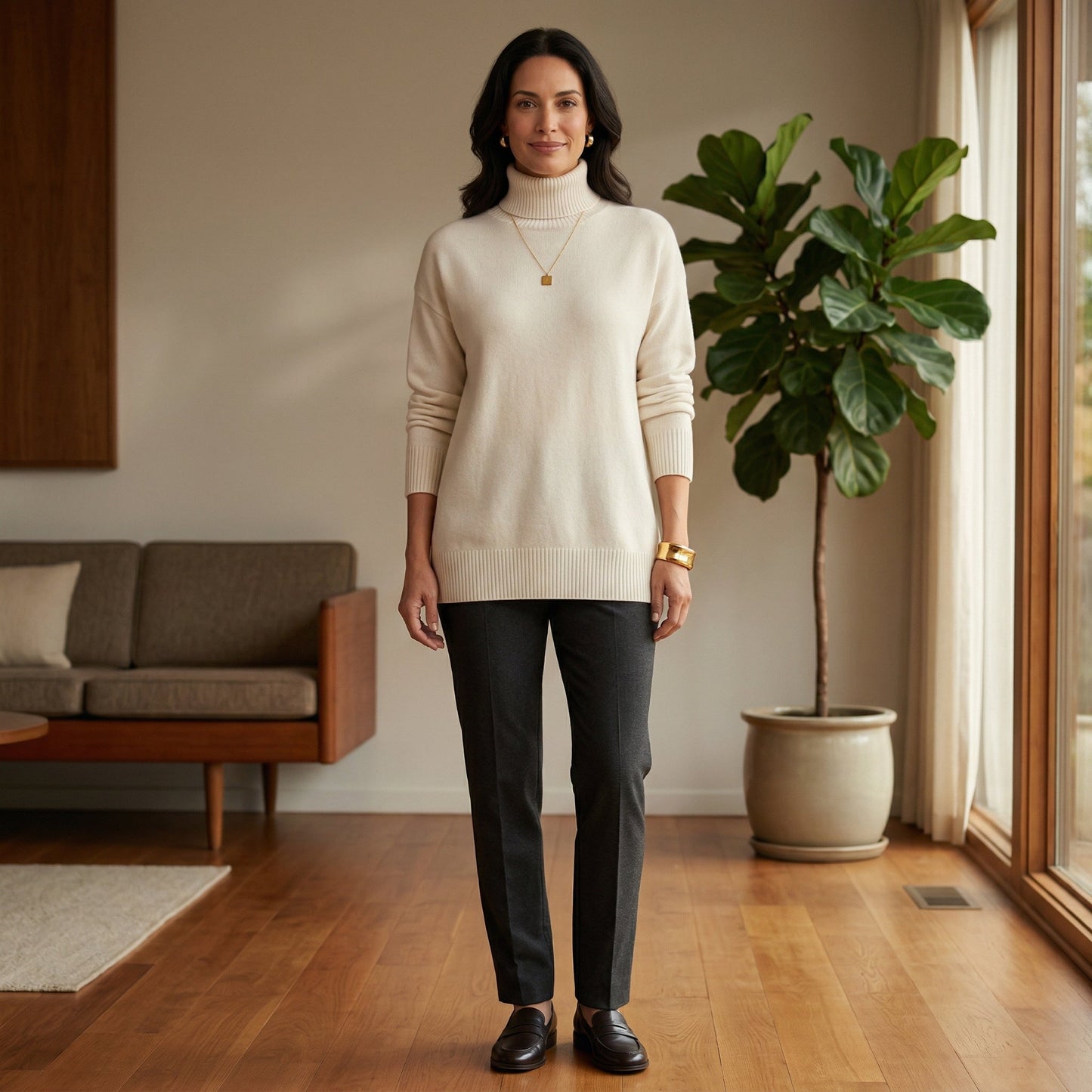 Damen cremeweißer Rollkragenpullover aus feinem Strick, locker sitzend, mit langen Ärmeln
