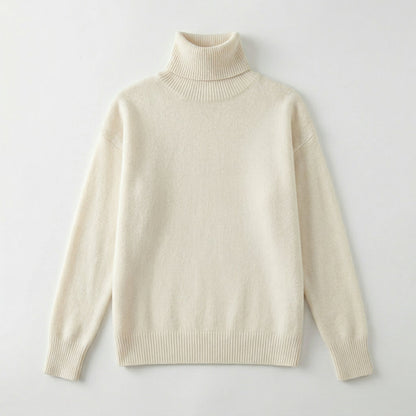 Cremeweißer Damen-Rollkragenpullover aus feinem Strick, frontale Ansicht, lange Ärmel