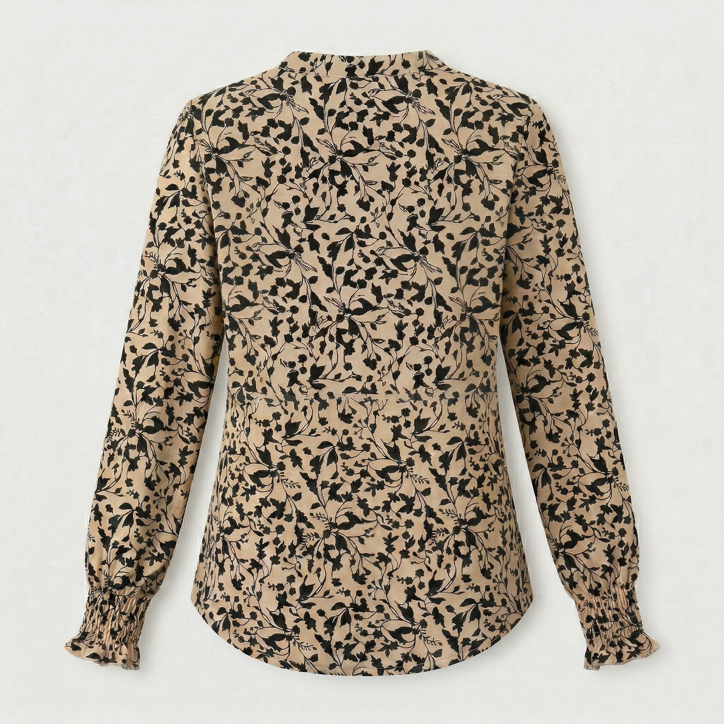 Beige Damenbluse mit schwarzem floralen Muster, langen Puffärmeln und gerafften Bündchen, Rückansicht