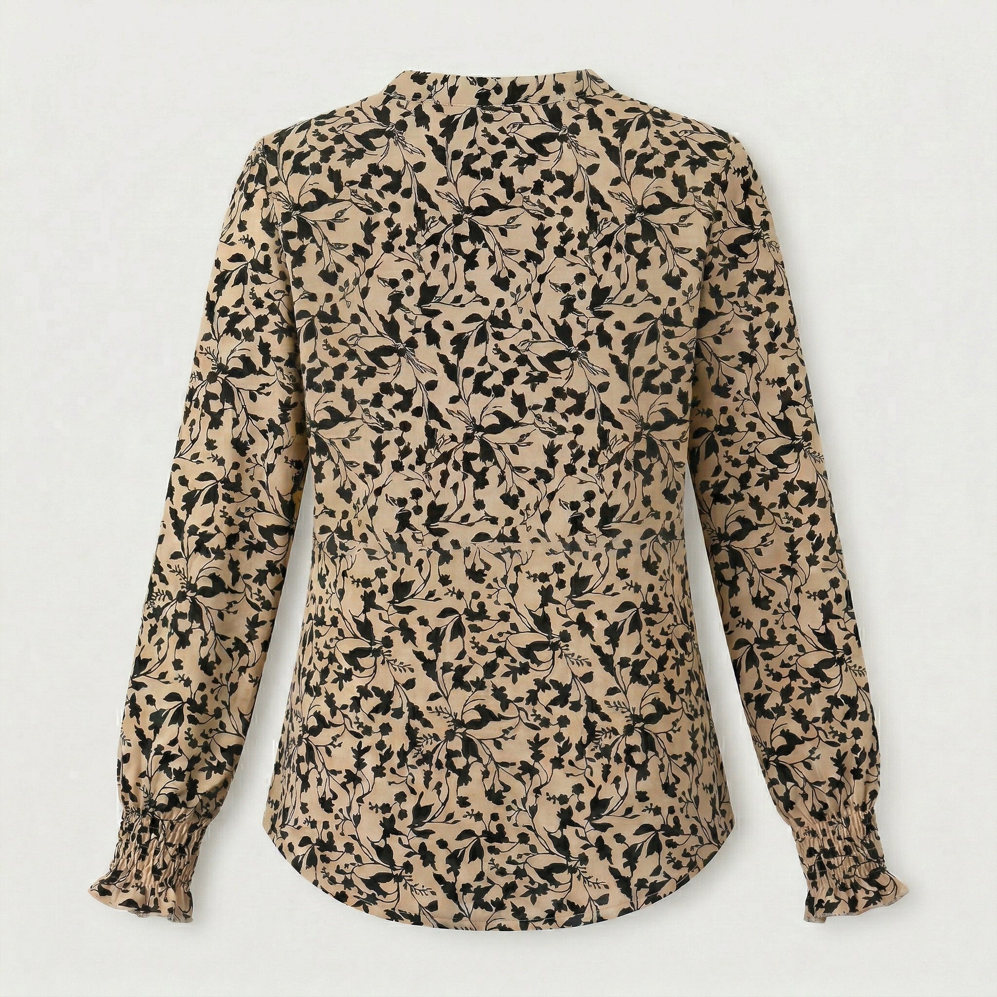 Beige Damenbluse mit schwarzem floralen Muster, langen Puffärmeln und gerafften Bündchen, Rückansicht
