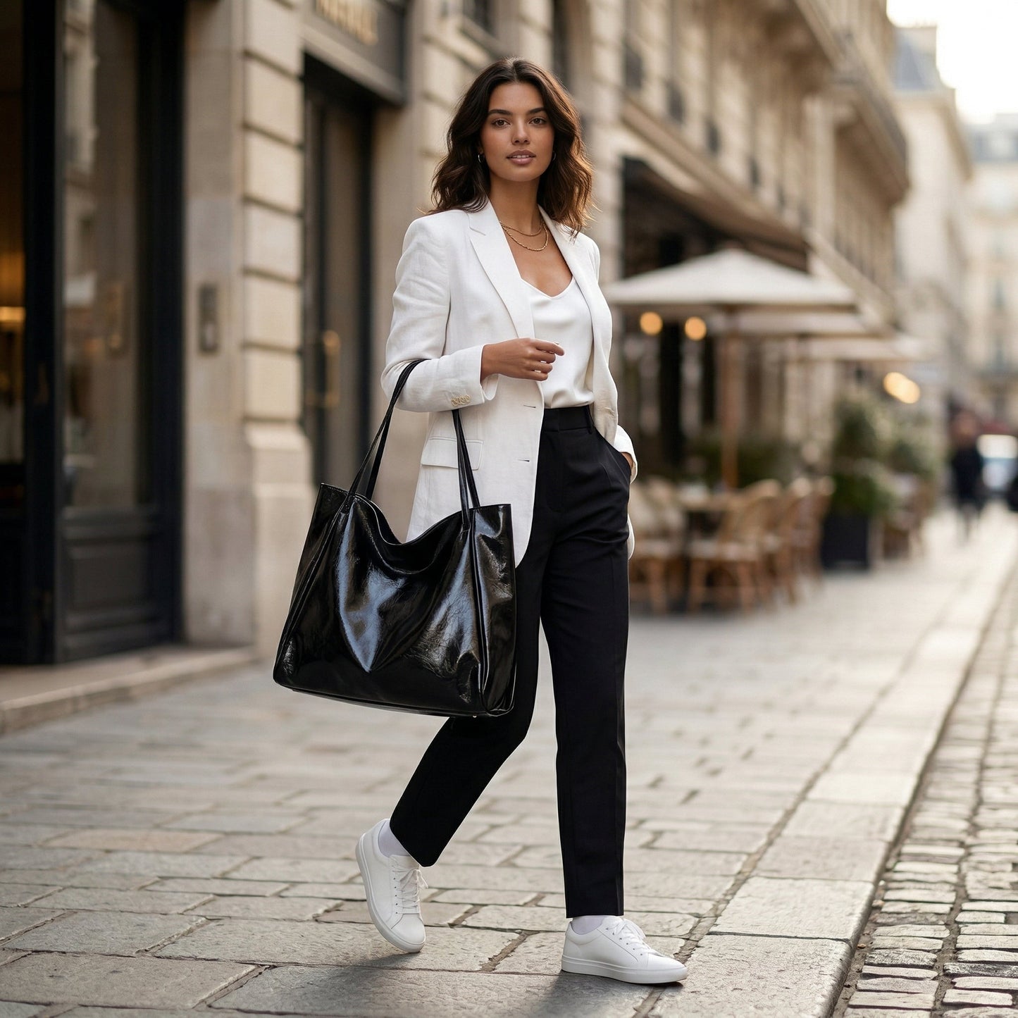 Große schwarze Shopper-Tasche aus glänzendem Leder mit langen Schulterriemen, seitliche Ansicht
