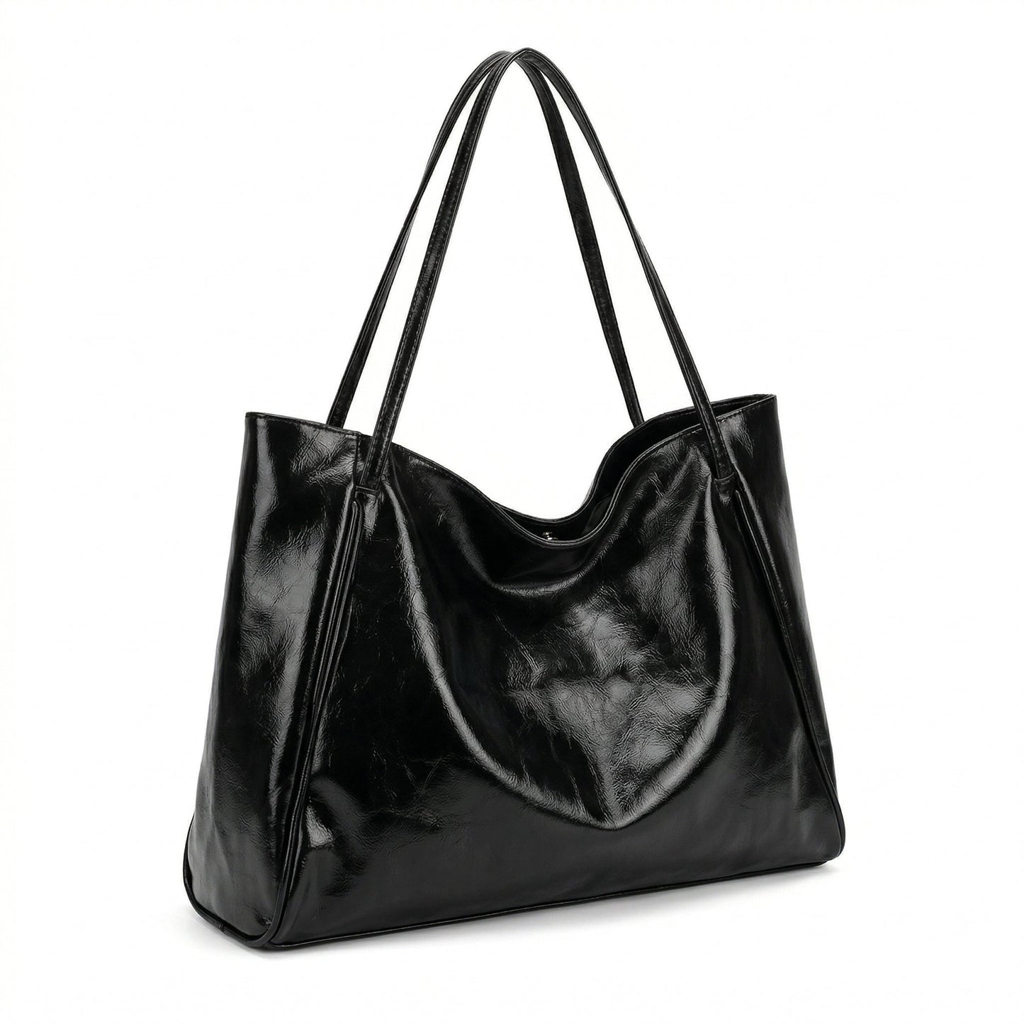Schwarze große glänzende Tote Bag mit zwei langen Schulterriemen, seitliche Ansicht