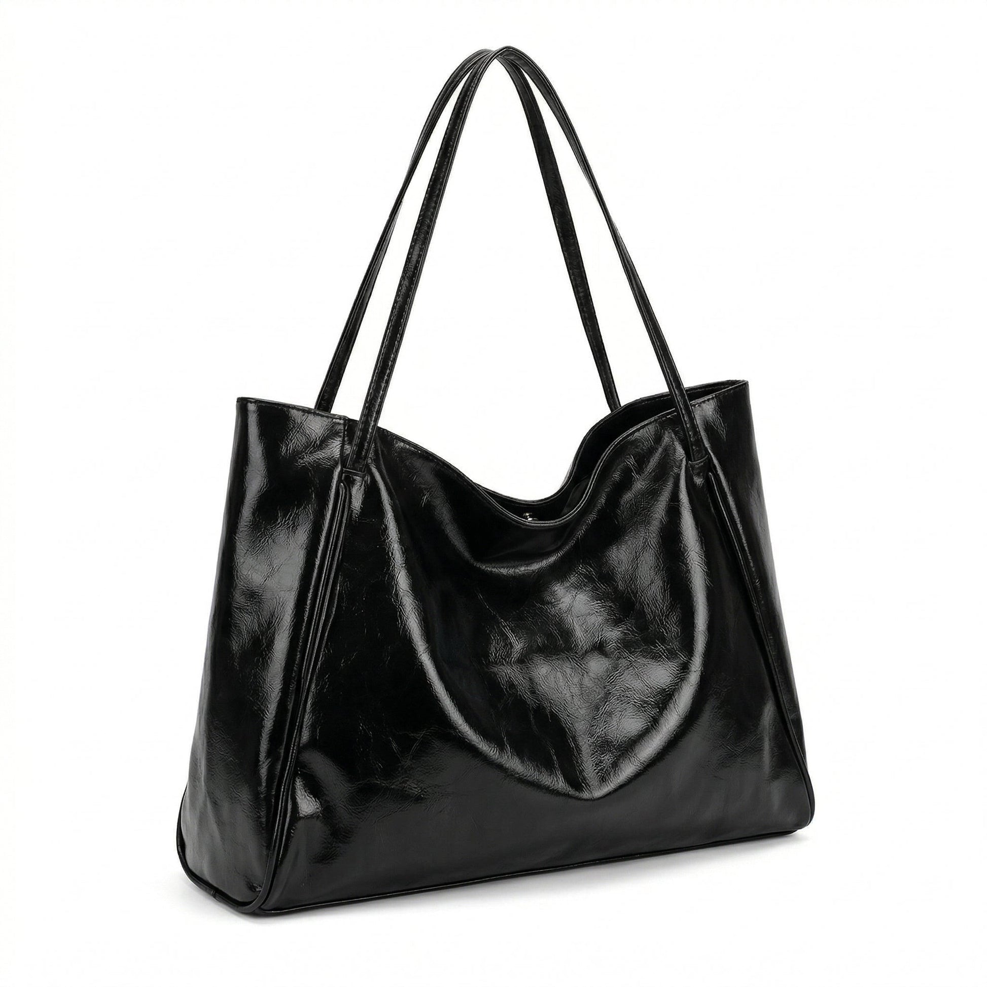 Schwarze große glänzende Tote Bag mit zwei langen Schulterriemen, seitliche Ansicht