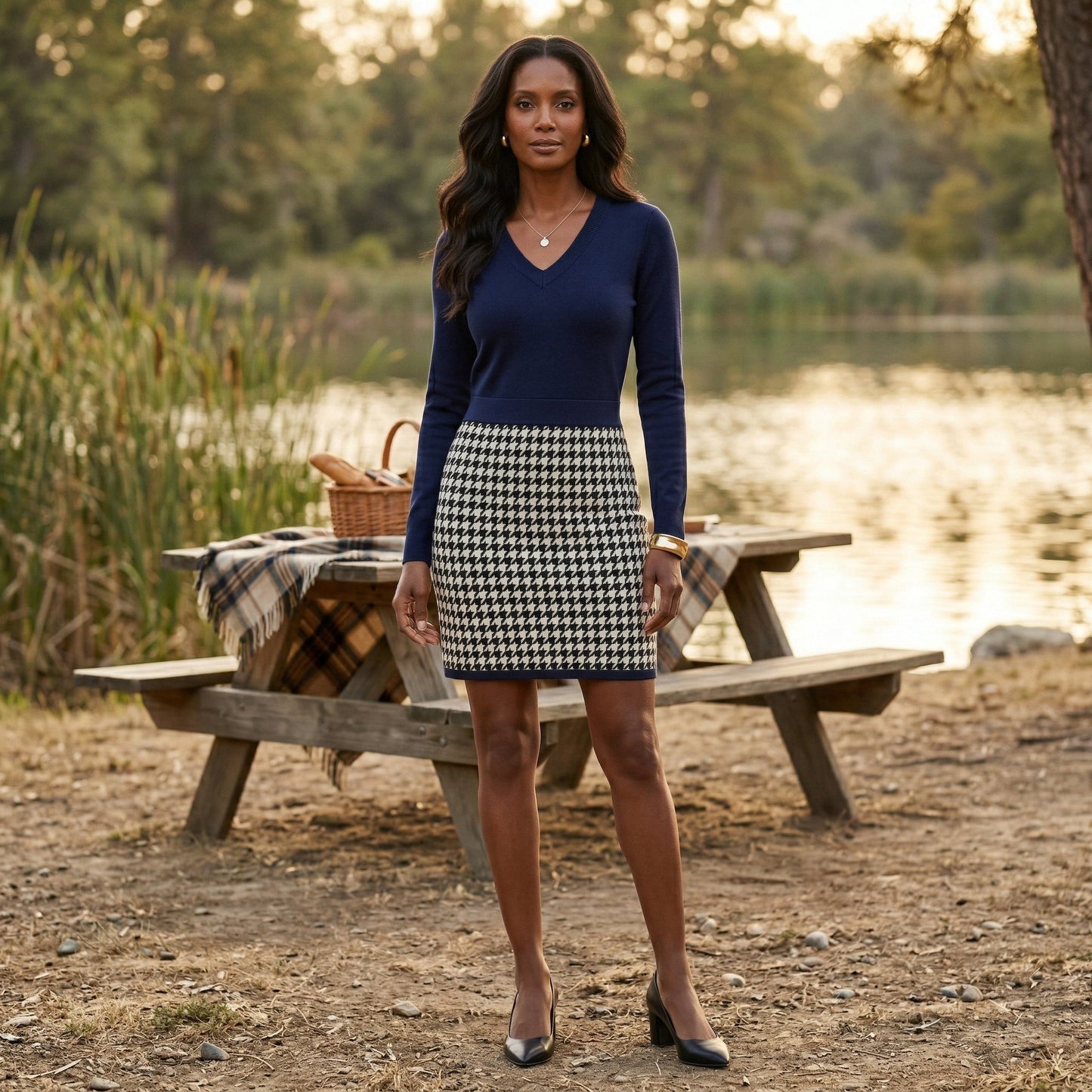 Damen Strickkleid mit navyblauem Oberteil und schwarz-weißem Hahnentritt-Rock, V-Ausschnitt, langärmlig