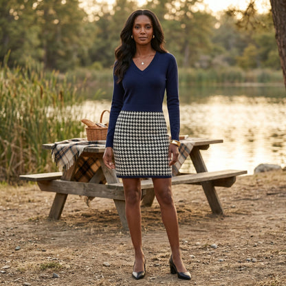 Damen Strickkleid mit navyblauem Oberteil und schwarz-weißem Hahnentritt-Rock, V-Ausschnitt, langärmlig