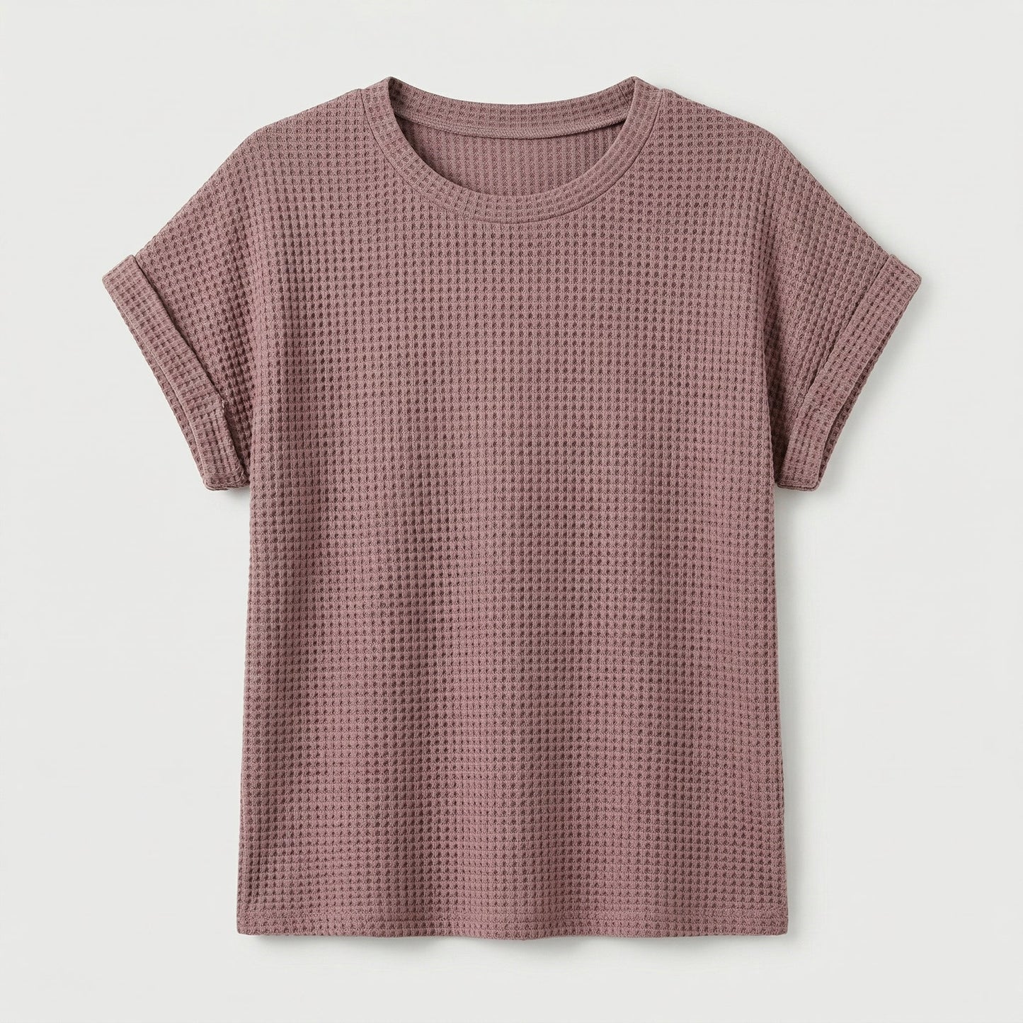 Staubrosa Waffelstrick T-Shirt mit Rundhals und kurzen umgeschlagenen Ärmeln, flach liegend