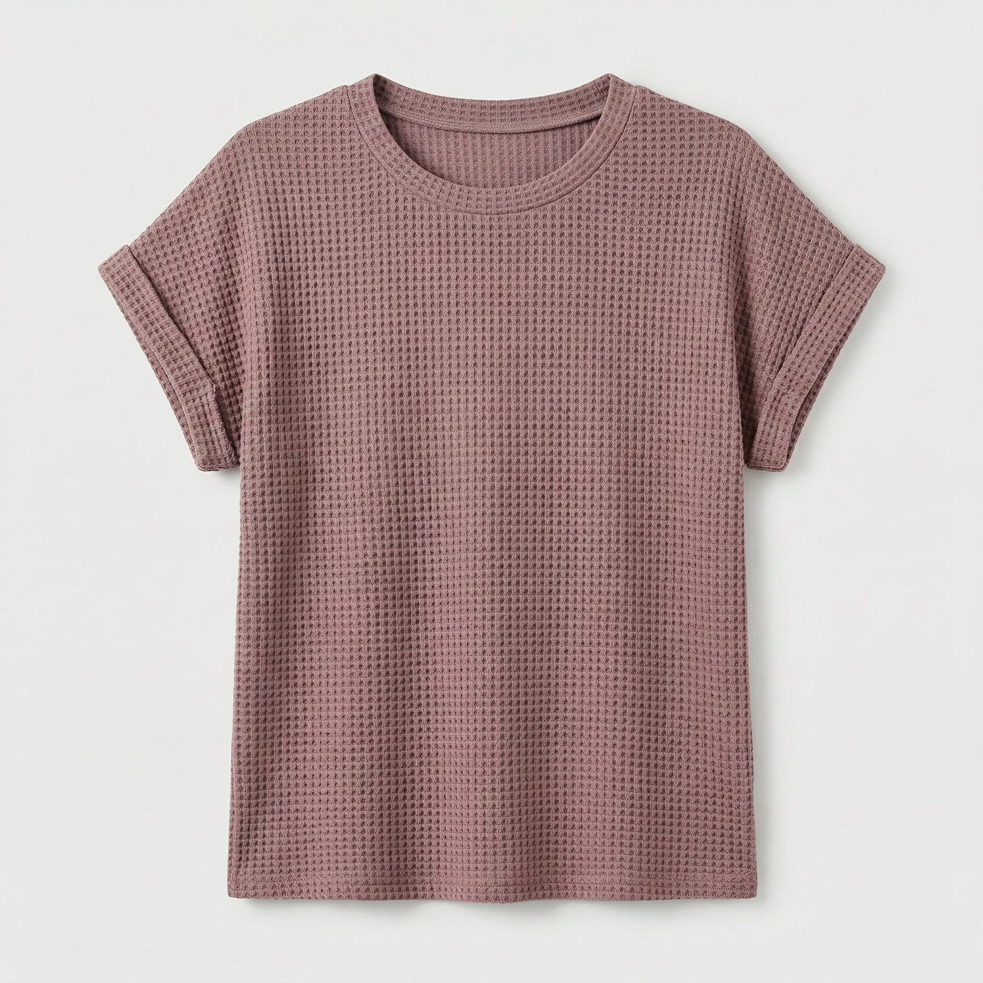 Staubrosa Waffelstrick T-Shirt mit Rundhals und kurzen umgeschlagenen Ärmeln, flach liegend