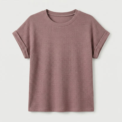 Staubrosa Waffelstrick T-Shirt mit Rundhals und kurzen umgeschlagenen Ärmeln, flach liegend