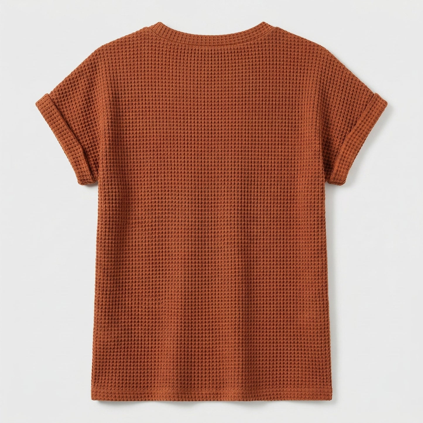 Rostbraunes kurzärmeliges T-Shirt aus Waffelstrick mit Rundhalsausschnitt, Rückansicht