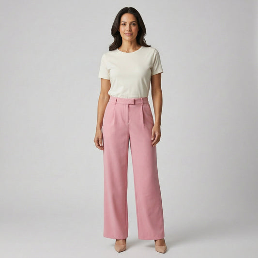 Damenhose mit weitem Bein und hoher Taille in zartem Rosa, Frontansicht