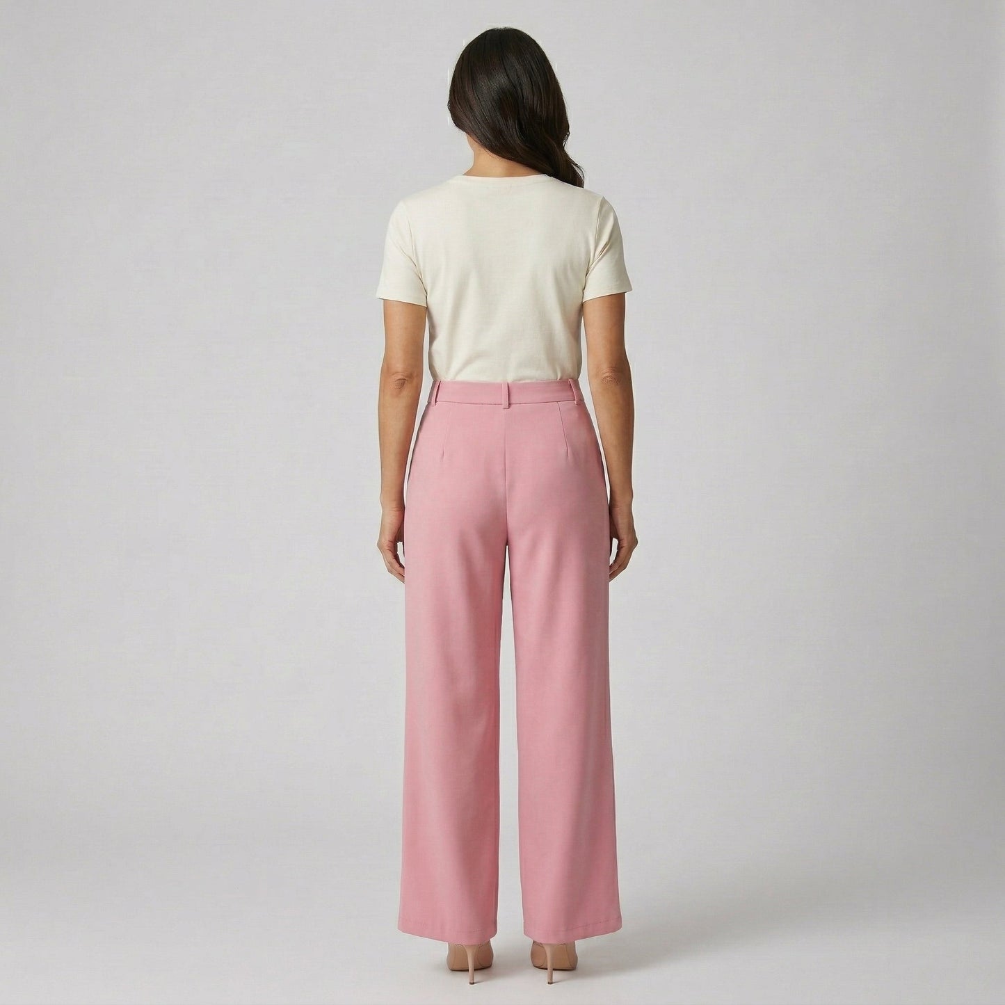 Rosa Damenhose mit hohem Bund und weitem Bein, Rückansicht