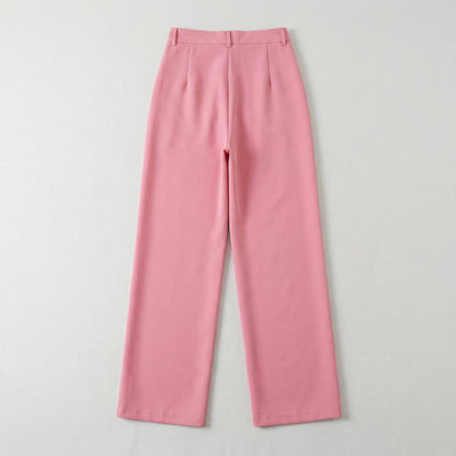 Helle rosa Damenhose mit weitem Bein und hoher Taille, flach liegend