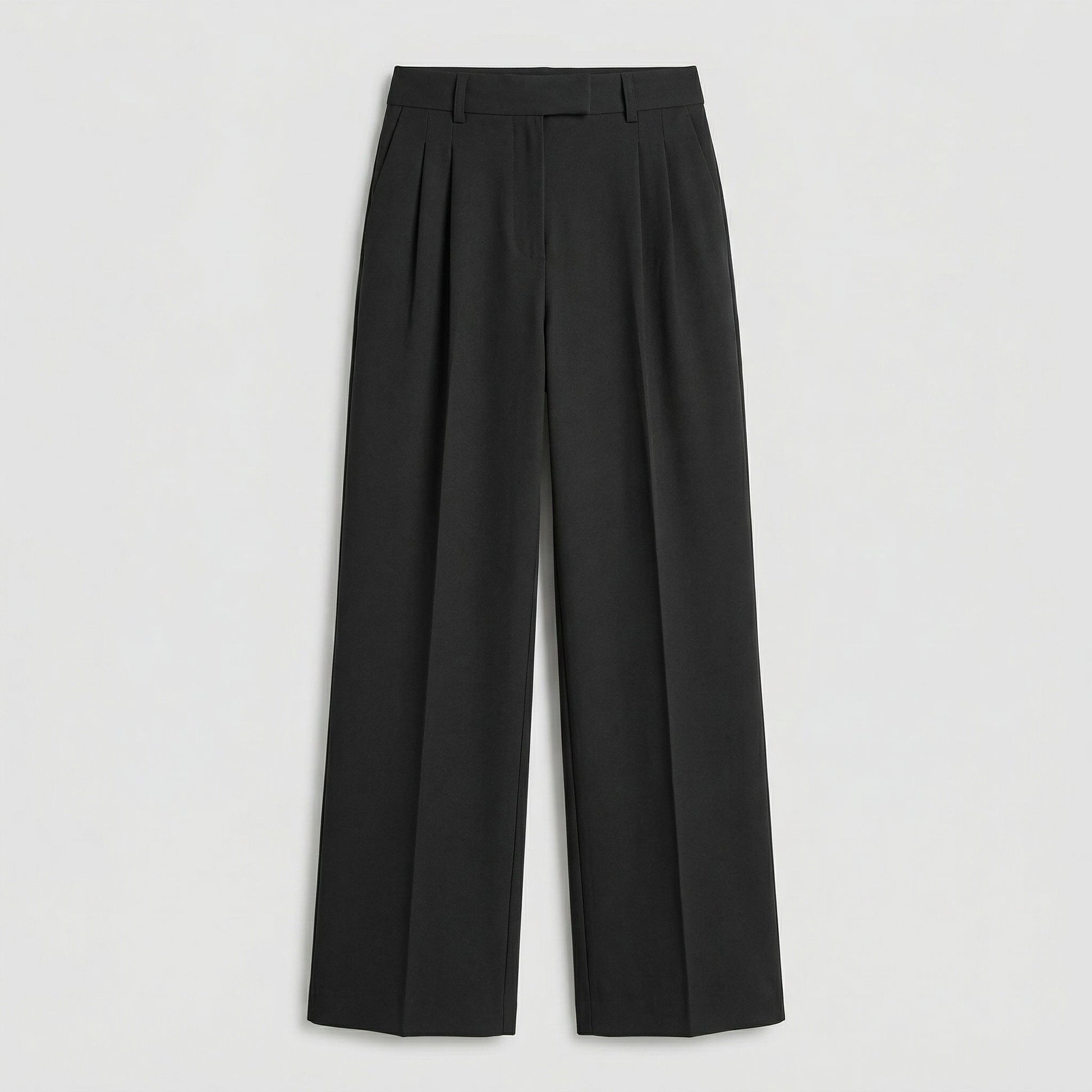 Schwarze Damenhose mit hohem Bund und weitem Bein, glatter Stoff, frontale Ansicht