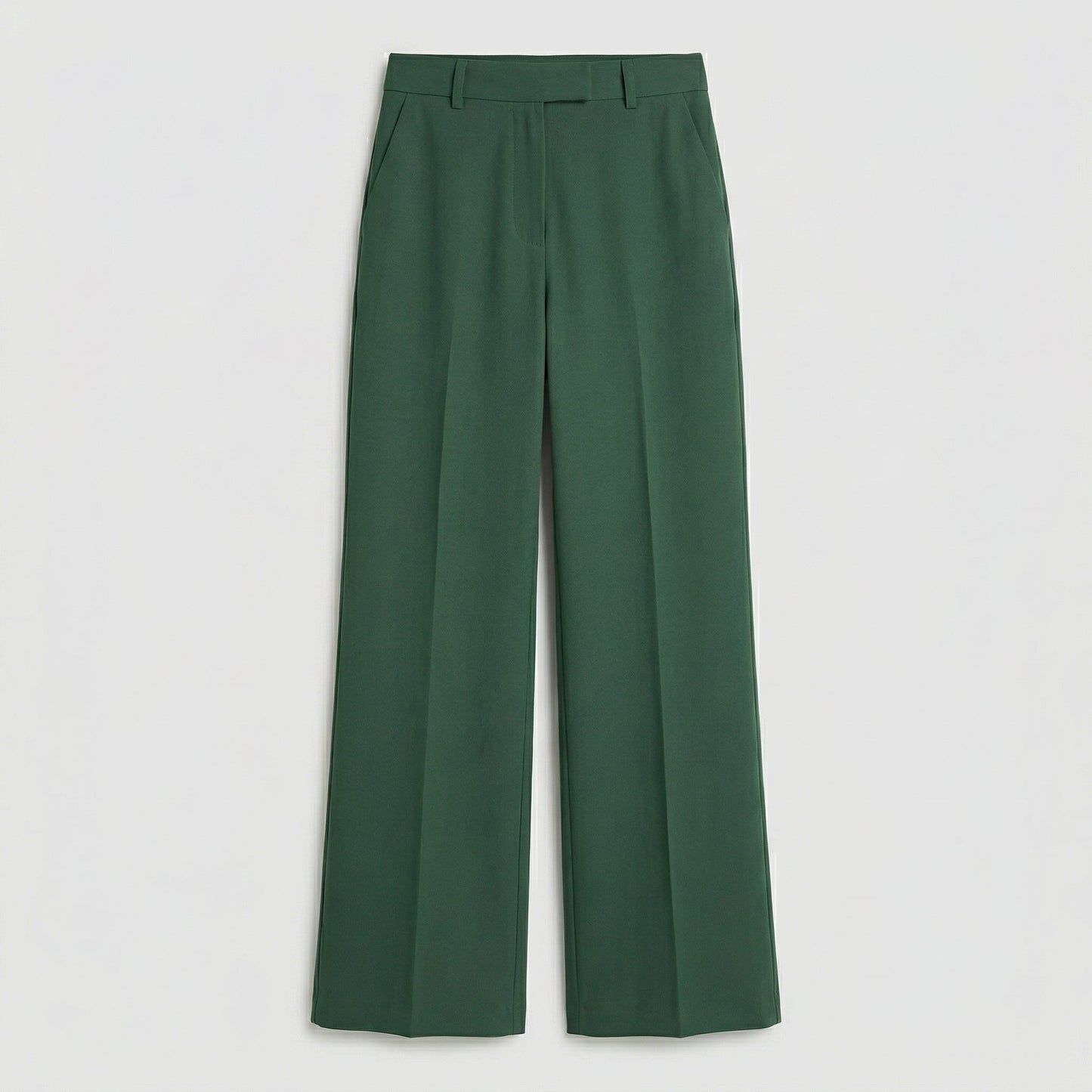 Dunkelgrüne Damenhose mit hoher Taille, geradem Schnitt und seitlichen Eingrifftaschen, frontale Ansicht