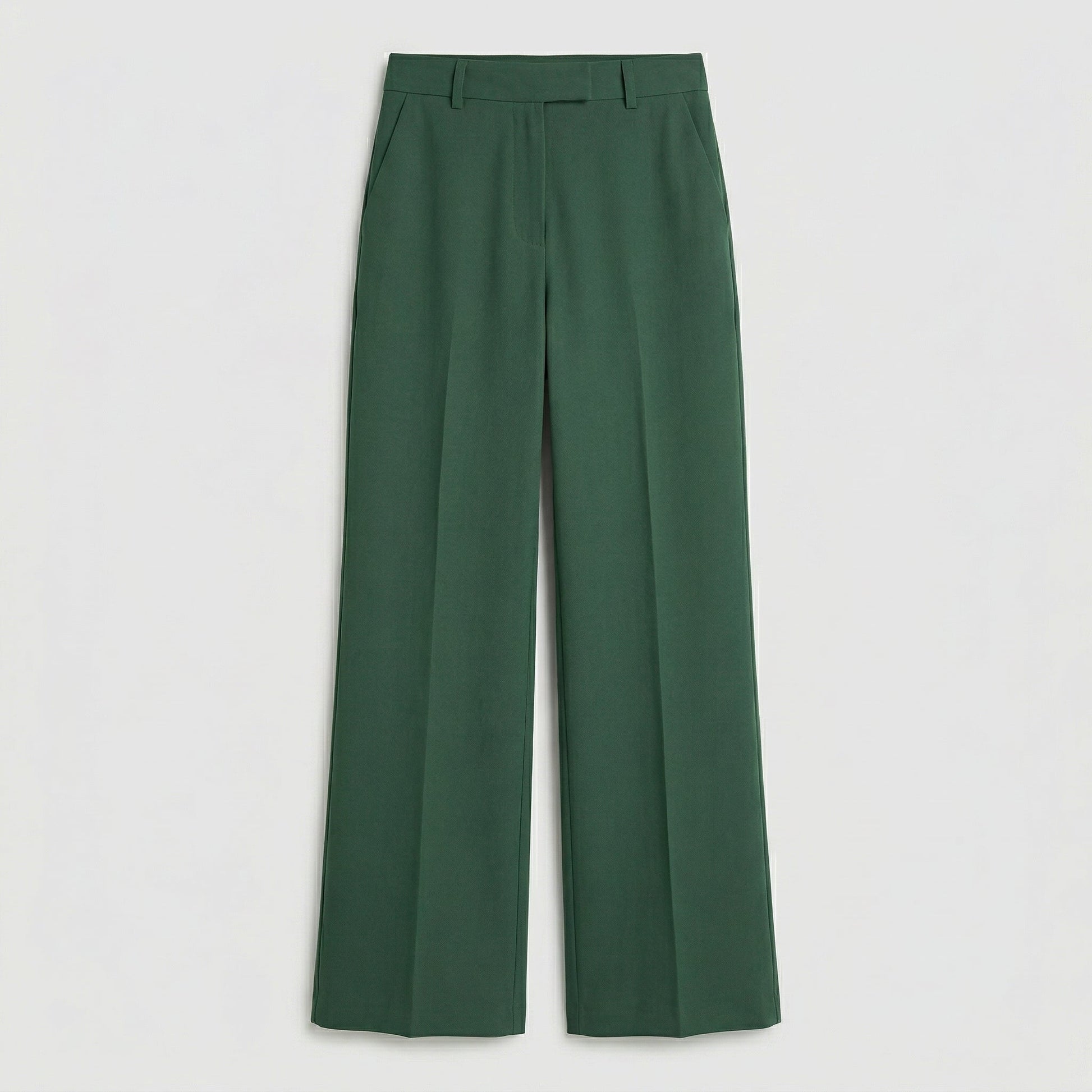 Dunkelgrüne Damenhose mit hoher Taille, geradem Schnitt und seitlichen Eingrifftaschen, frontale Ansicht