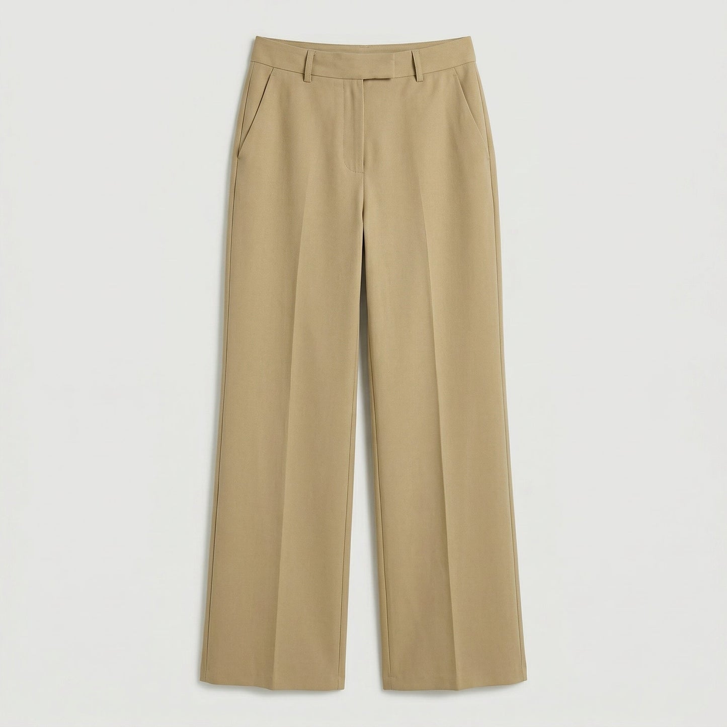 Beige Damenhose mit hohem Bund, geradem weitem Bein und seitlichen Eingrifftaschen, Vorderansicht