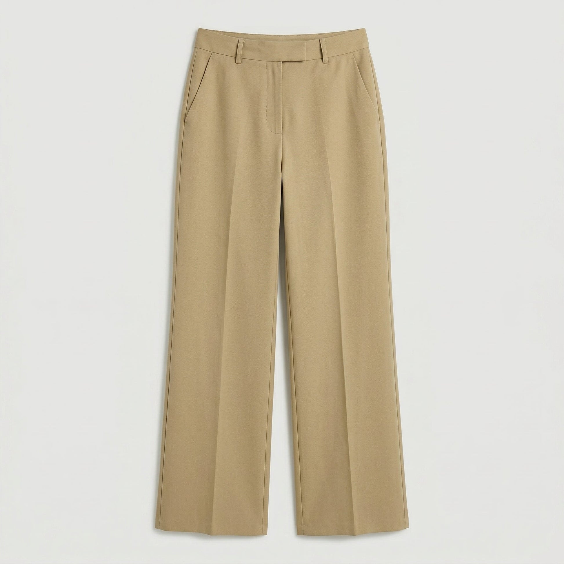 Beige Damenhose mit hohem Bund, geradem weitem Bein und seitlichen Eingrifftaschen, Vorderansicht