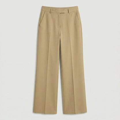 Beige Damenhose mit hohem Bund, geradem weitem Bein und seitlichen Eingrifftaschen, Vorderansicht