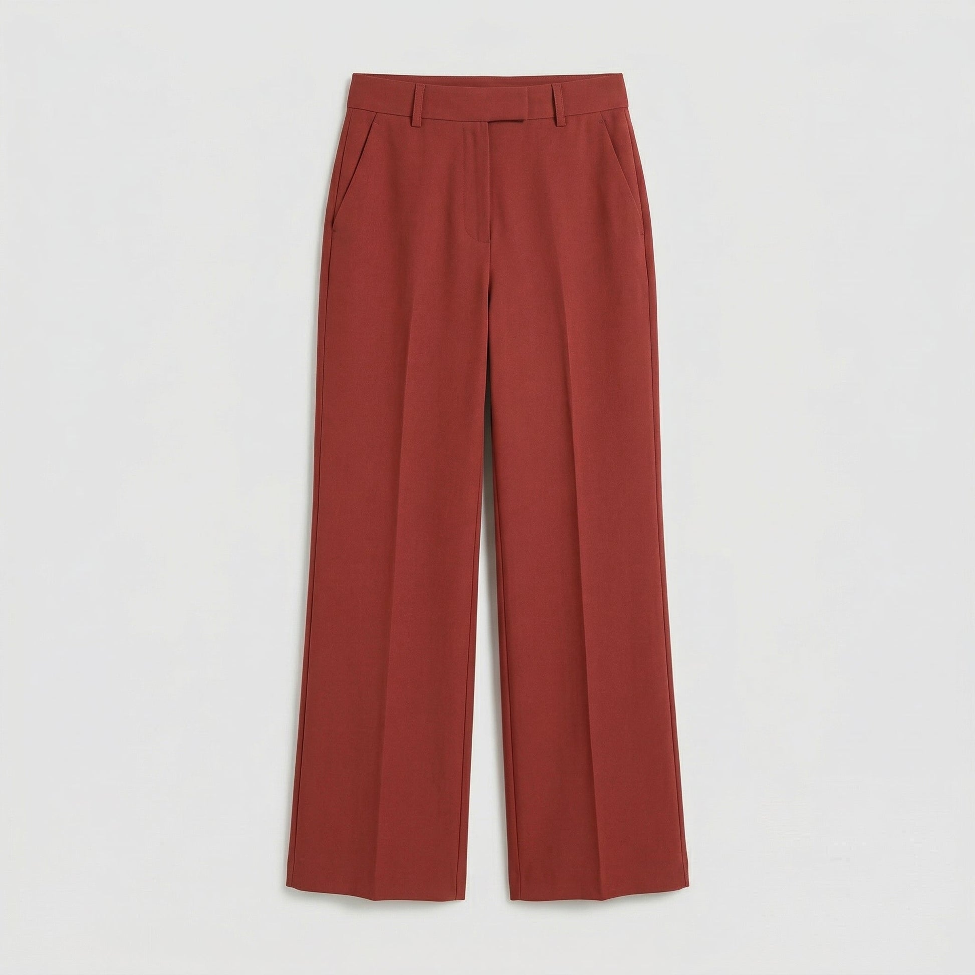 Rostrote Damenhose mit weitem Bein, hohem Bund und seitlichen Eingrifftaschen, flache Vorderseite