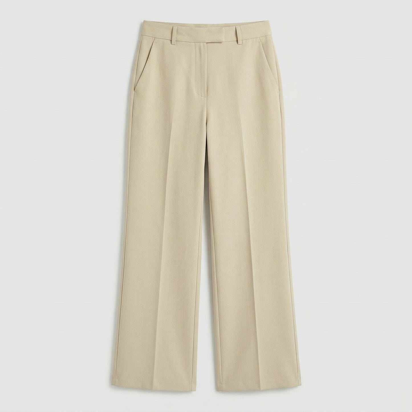 Beige Damenhose mit weitem Bein und hoher Taille, glattes Material, frontale Ansicht