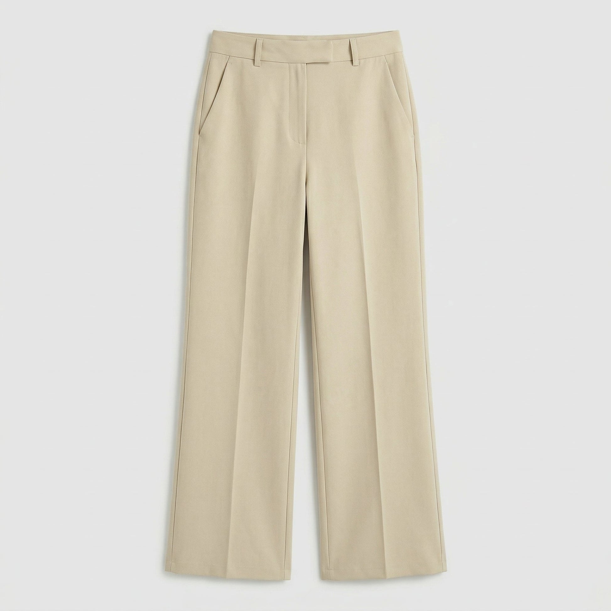 Beige Damenhose mit weitem Bein und hoher Taille, glattes Material, frontale Ansicht