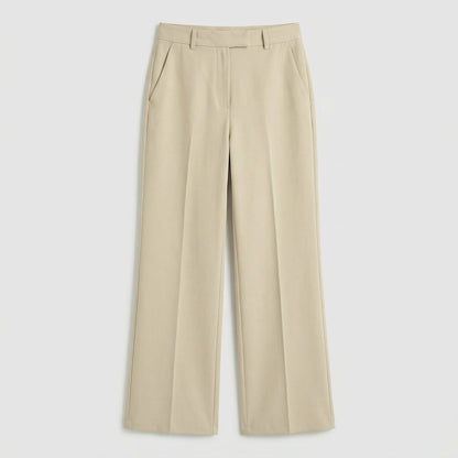Beige Damenhose mit weitem Bein und hoher Taille, glattes Material, frontale Ansicht