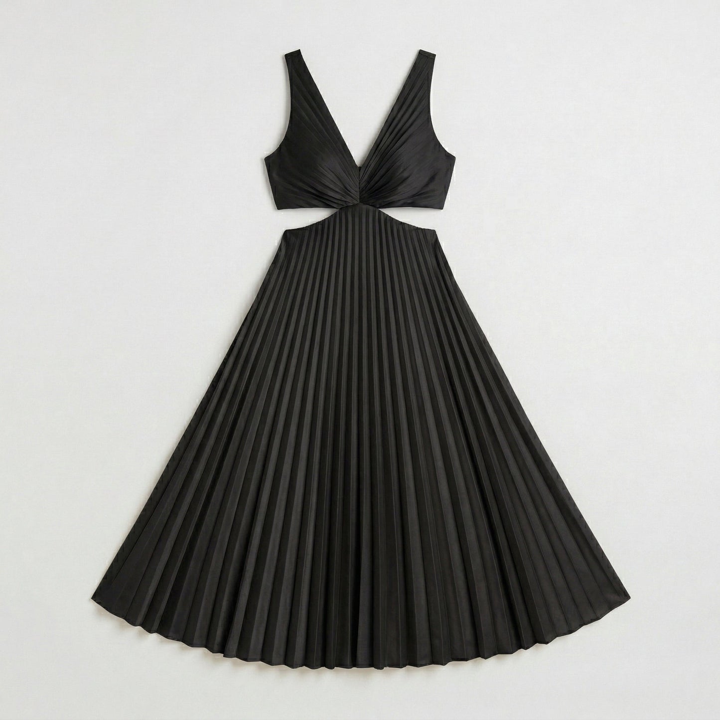Schwarzes langes plissiertes Kleid mit V-Ausschnitt und tailliertem Cut-out-Design, fließender Rock