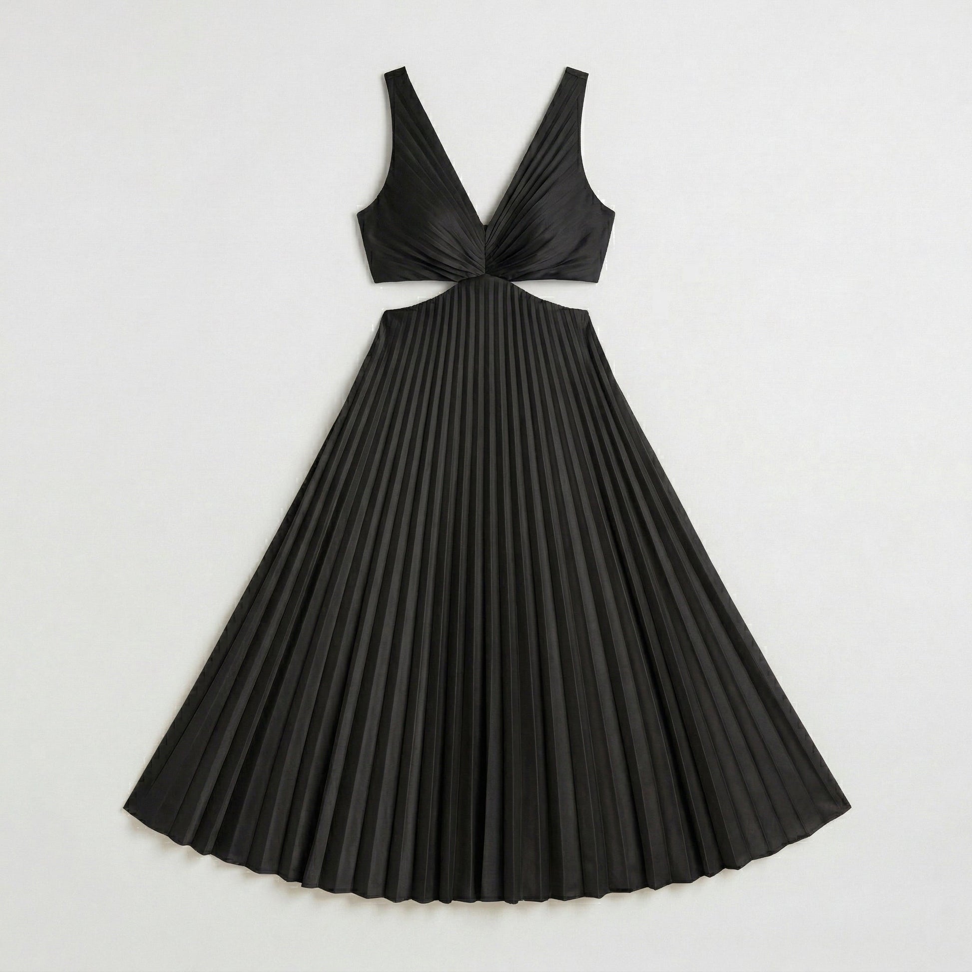 Schwarzes langes plissiertes Kleid mit V-Ausschnitt und tailliertem Cut-out-Design, fließender Rock