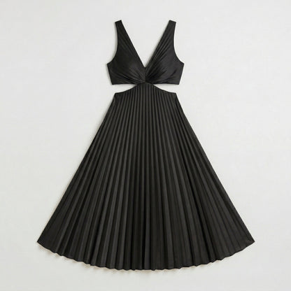 Schwarzes langes plissiertes Kleid mit V-Ausschnitt und tailliertem Cut-out-Design, fließender Rock