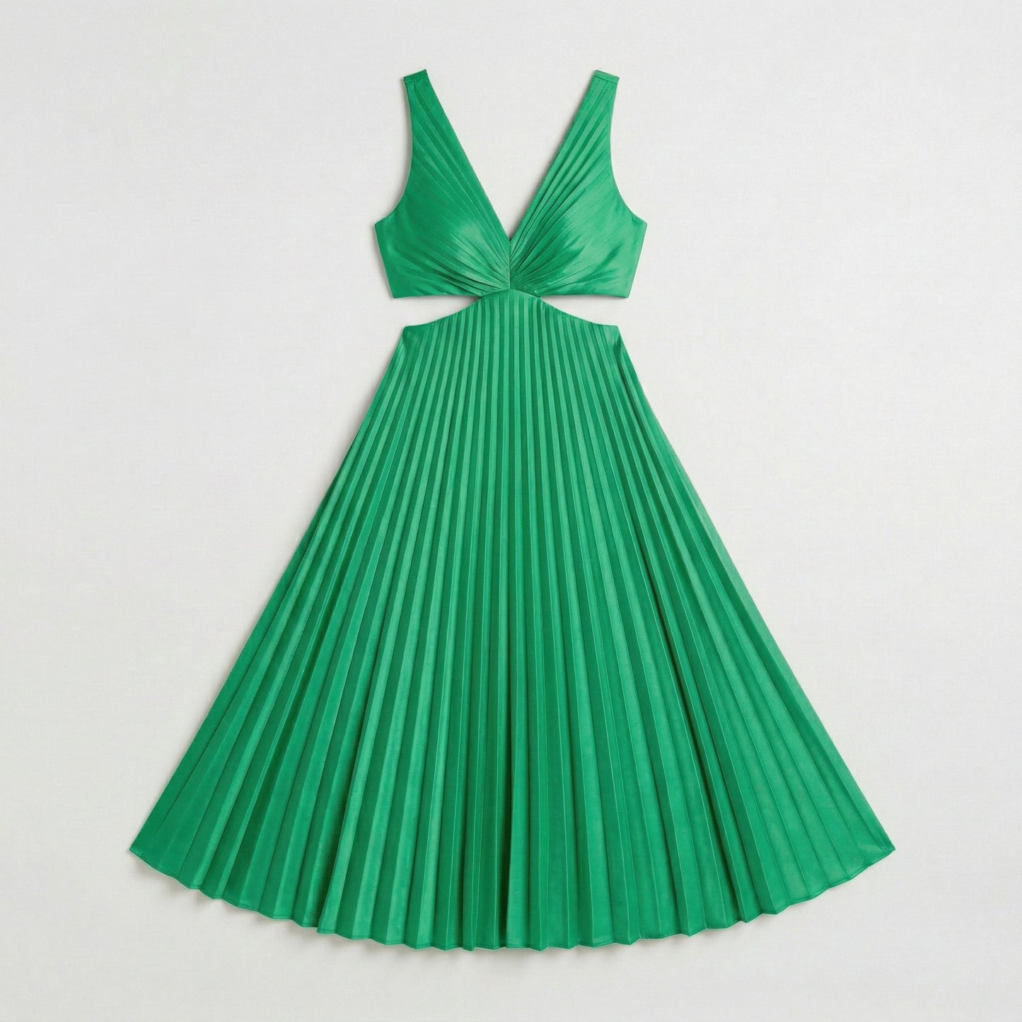 Grünes ärmelloses Maxi-Kleid mit tiefem V-Ausschnitt und plissiertem Rock, flacher Ansicht