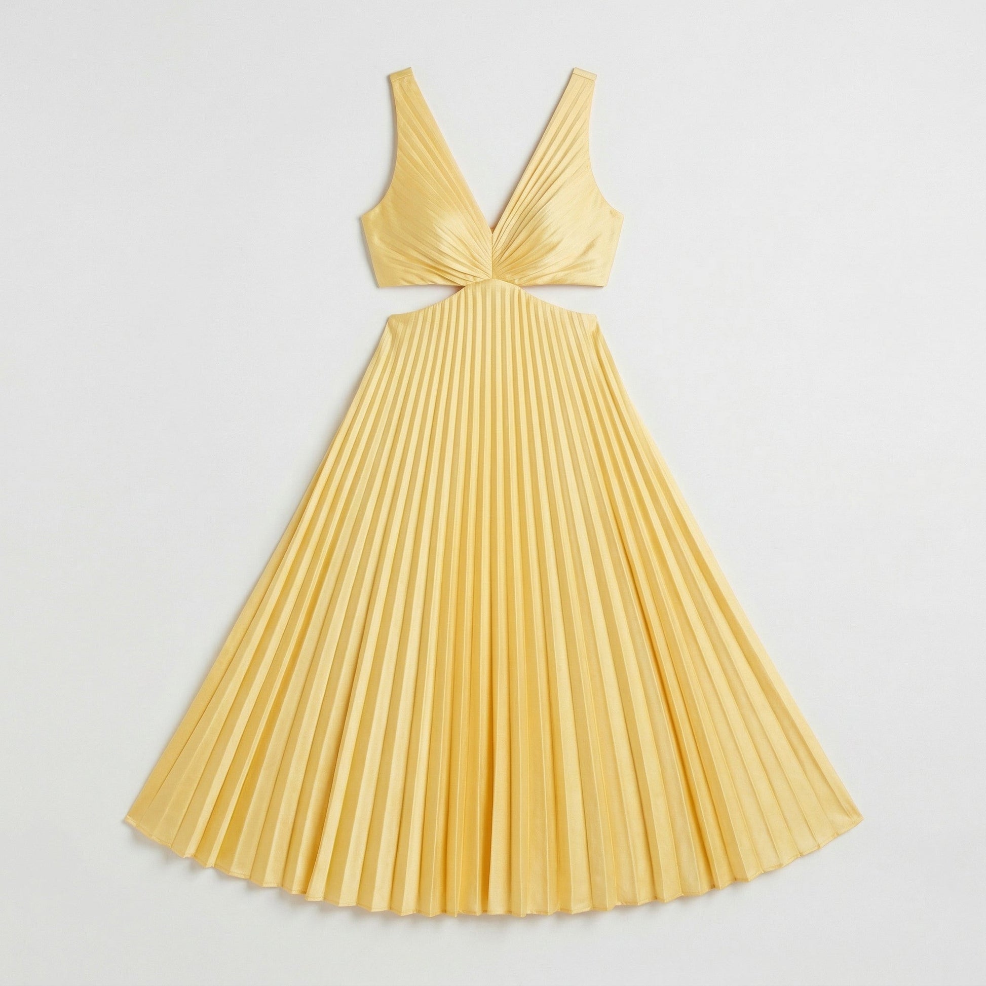 Hellgelbes plissiertes Midikleid mit V-Ausschnitt und tailliertem Cut-Out-Design, ärmellos