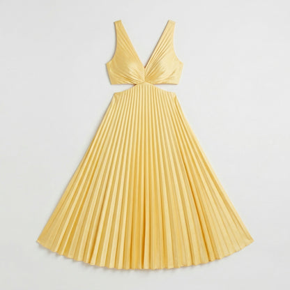 Hellgelbes plissiertes Midikleid mit V-Ausschnitt und tailliertem Cut-Out-Design, ärmellos